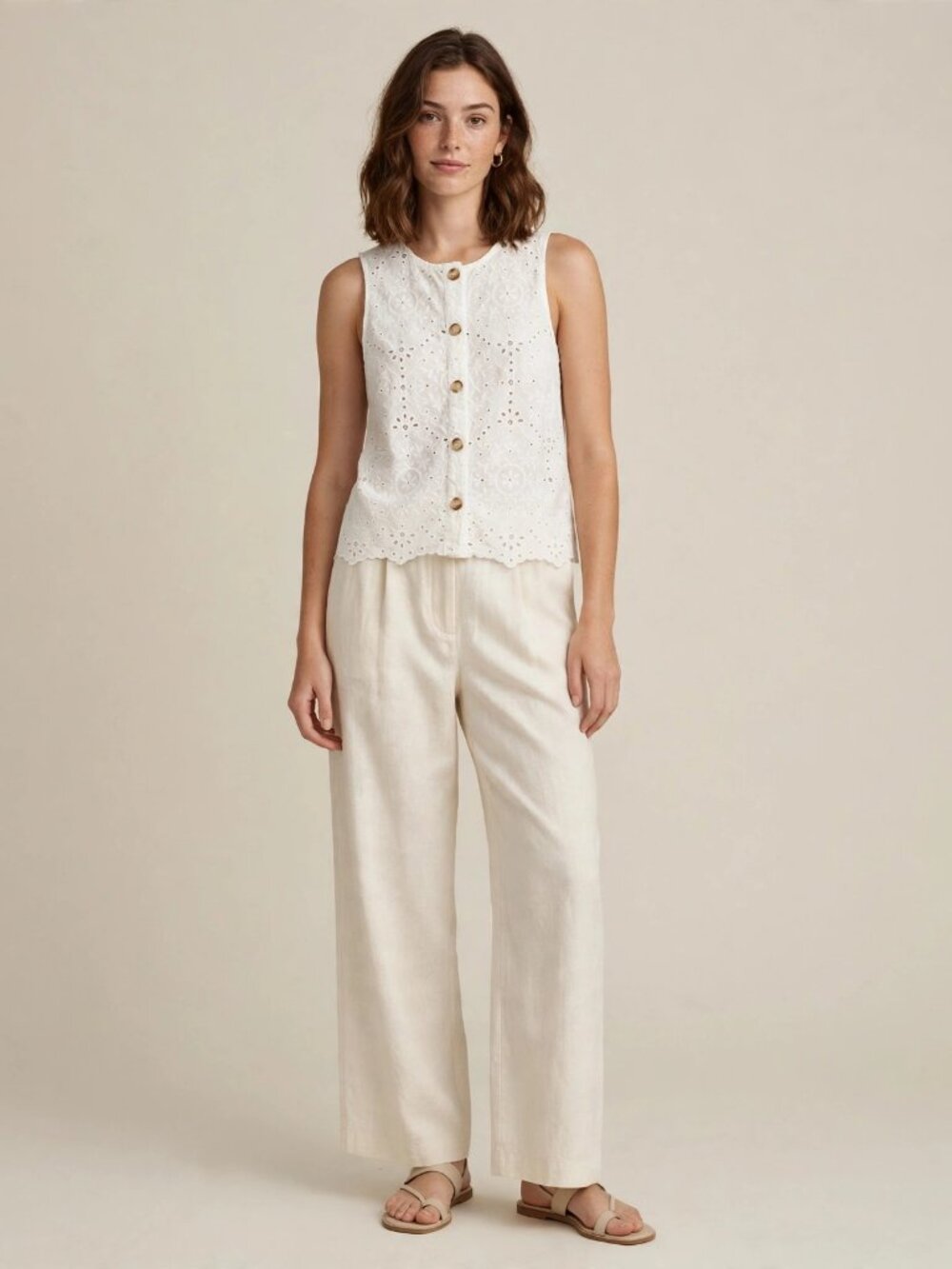 Sézane White Eyelet Sleeveless Top | Broderie Anglaise Button Front Blouse